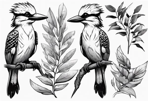 Cartoon kookaburra sitting on wattle and eucalyptus leaves tattoo idea