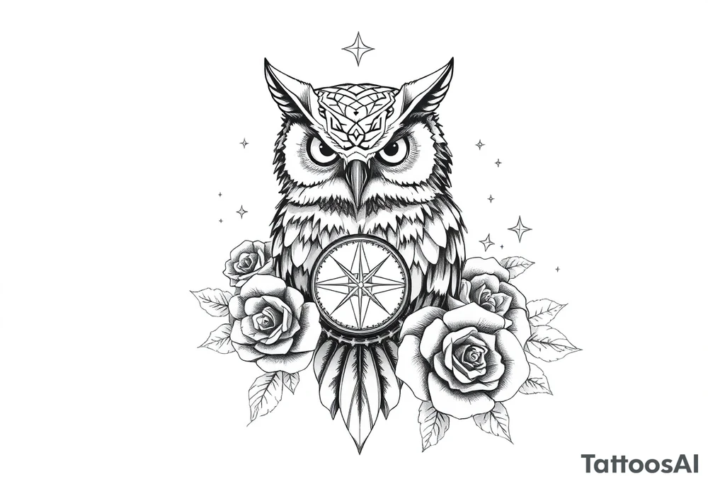 an owl,compass,roses,stars. tattoo idea