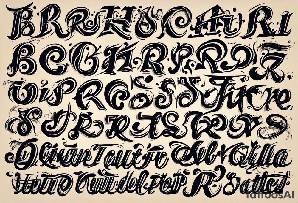 Asymmetrical flip script batch of letters in graffiti and calligraphy styles. I want a B that can be doubled as an upside-down S. I want R and E, A and N, N and A, D and H, Y and S. tattoo idea