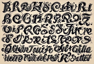 Asymmetrical flip script batch of letters in graffiti and calligraphy styles. I want a B that can be doubled as an upside-down S. I want R and E, A and N, N and A, D and H, Y and S. tattoo idea