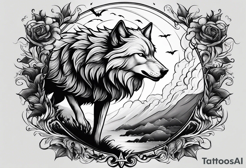 Powerful storm with wolf tattoo idea