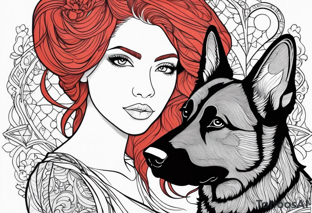 red hair woman with German shepherd dog tattoo idea