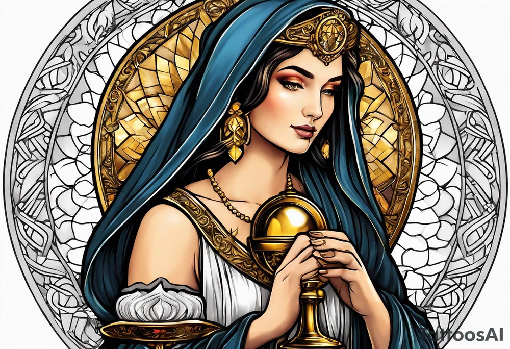 woman saint holding chalice surrounded by golden halo portrait tattoo idea