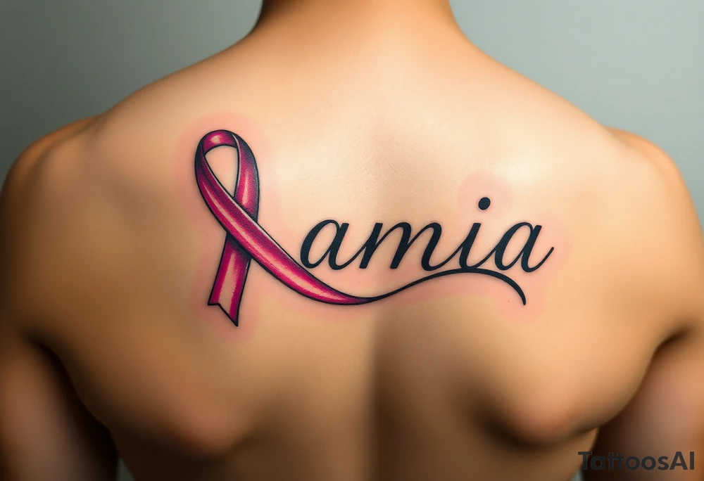 The name Samia. With a breast cancer (in pink) ribbon flowing off the last a. tattoo idea