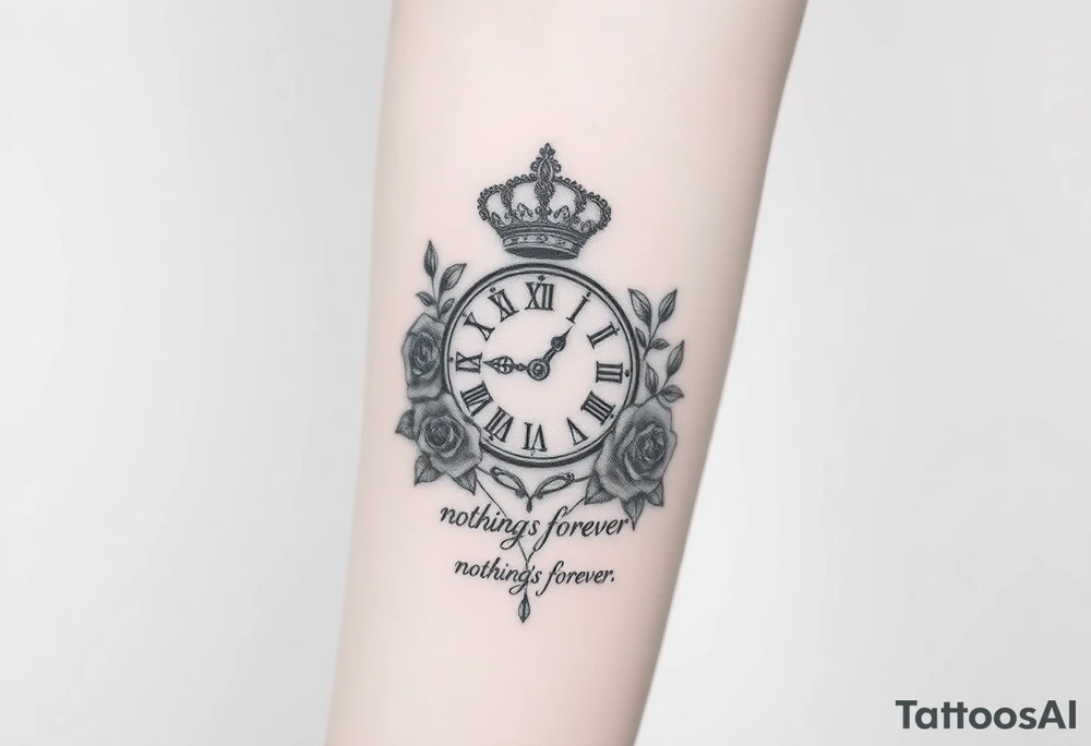Roman clock with a crown, surrounded by  roses and a quote that says nothings forever and with playing cards tattoo idea