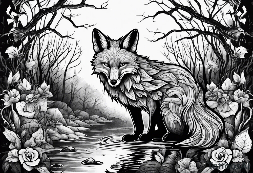 Creepy evil fox in skulls swamp tattoo idea