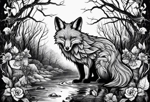 Creepy evil fox in skulls swamp tattoo idea