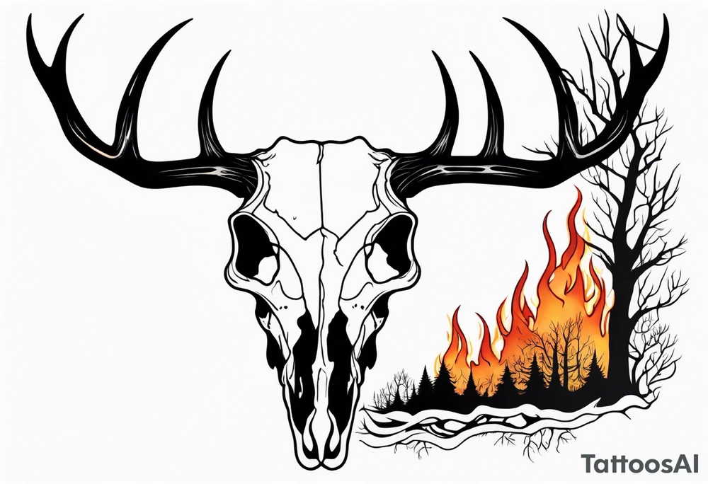 Halloween side profile of a DECAYING deer skull JUST BONE surrounded by a flames and trees in background tattoo idea
