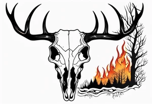 Halloween side profile of a DECAYING deer skull JUST BONE surrounded by a flames and trees in background tattoo idea