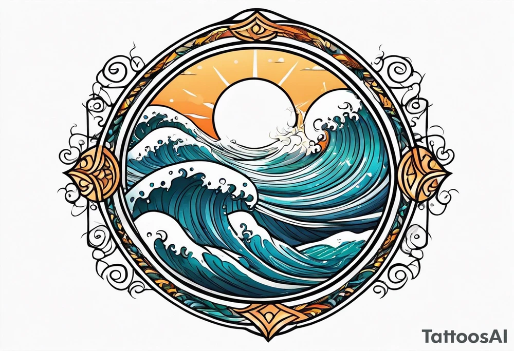 waves in ocean simple with in circle with sun tattoo idea