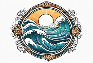 waves in ocean simple with in circle with sun tattoo idea