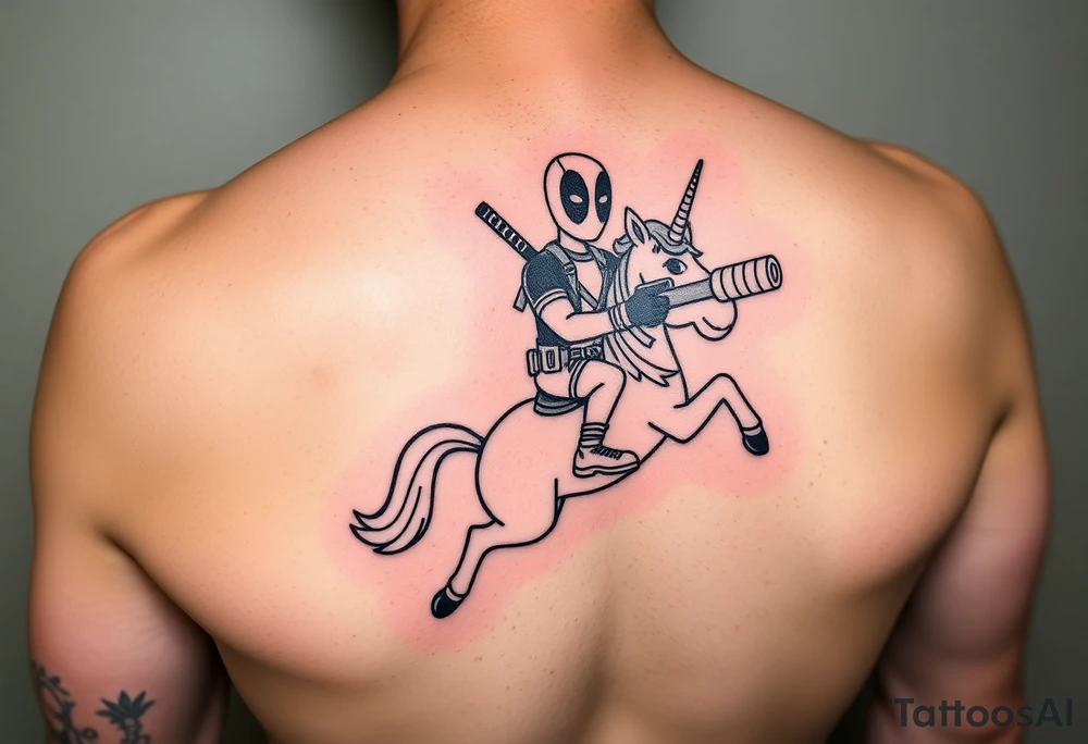 Deadpool riding unicorn holding rocket propelled grenade launcher tattoo idea