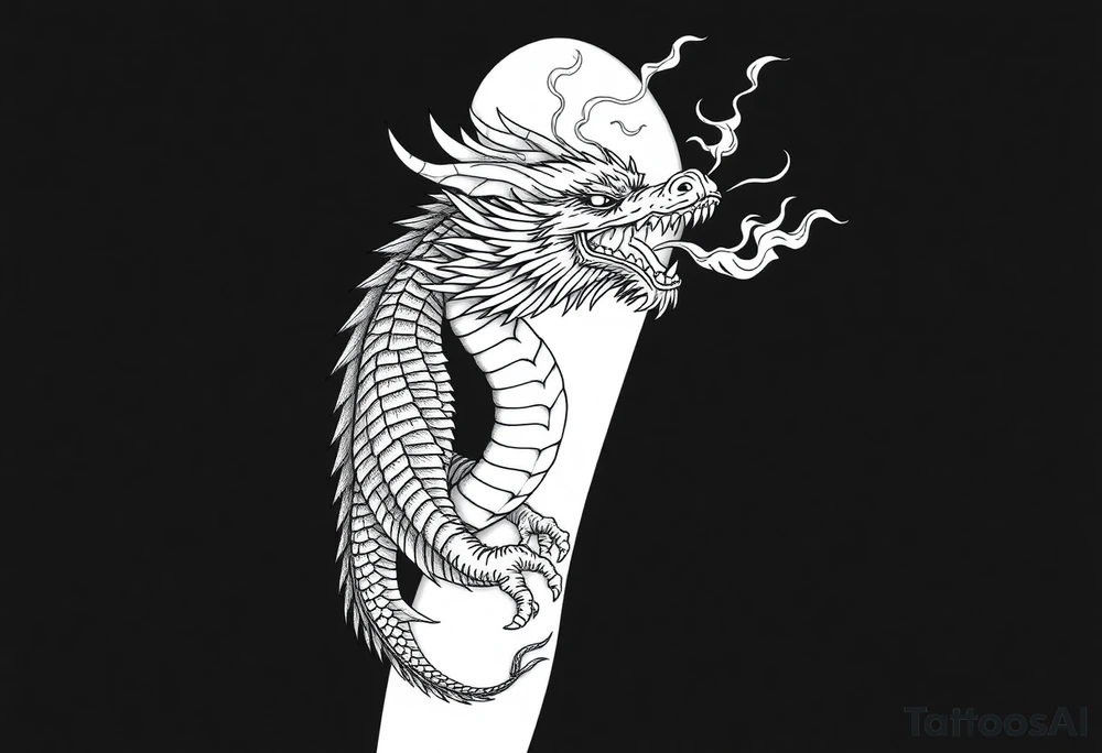 fierce dragon breathing iridescent fire against stormy skies tattoo idea