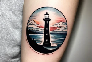 lighthouse a bit realist, evening, circle framed and sea tattoo idea