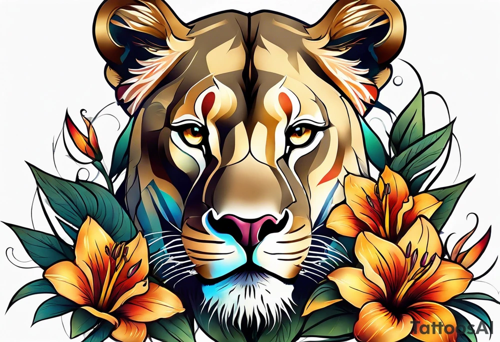 Tribal Lioness with lilies and color all over tattoo idea