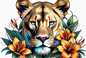 Tribal Lioness with lilies and color all over tattoo idea