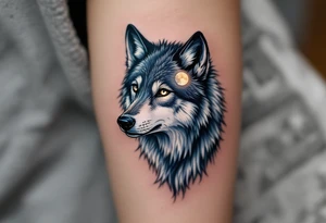 Moonlit wolf head with soft moonlight reflecting off the top of the fur. Palette: deep grays, midnight blue shading, and white moon glow accents. tattoo idea