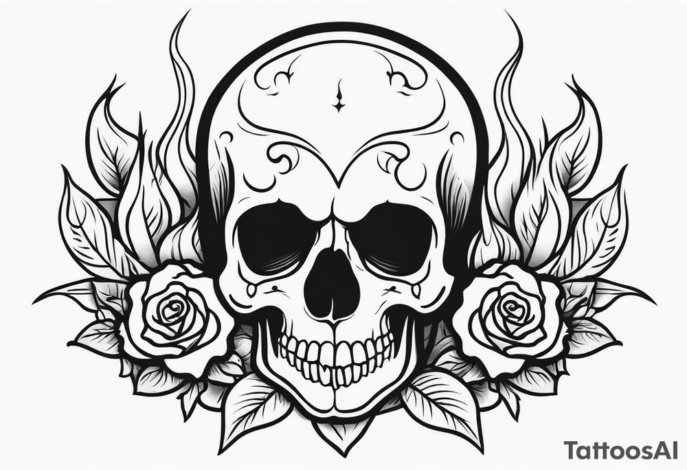 Skull with rose and flames tattoo idea