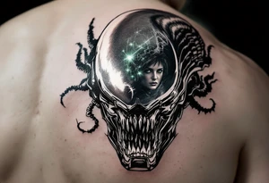 Ripley’s face reflected in the helmet of a Xenomorph, with sharp contrast, muted dark grays, and a glow of eerie green light. tattoo idea