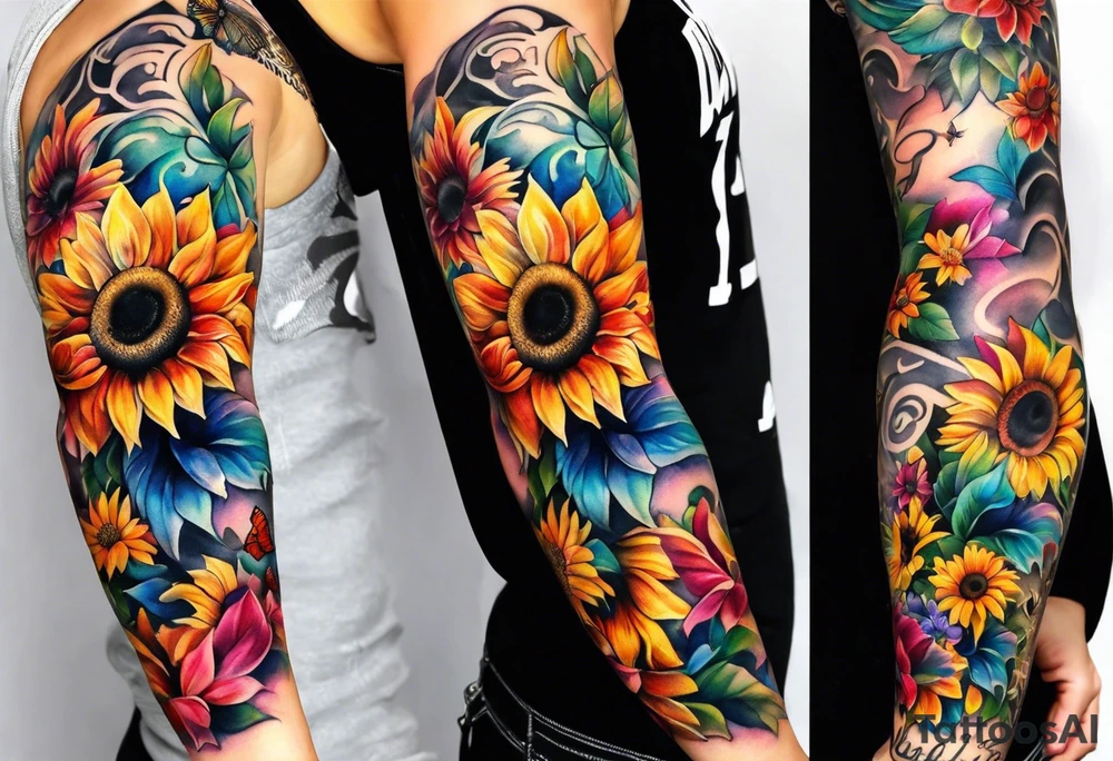 Memorial arm sleeve for mom with rainbow sunflowers and butterflies tattoo idea