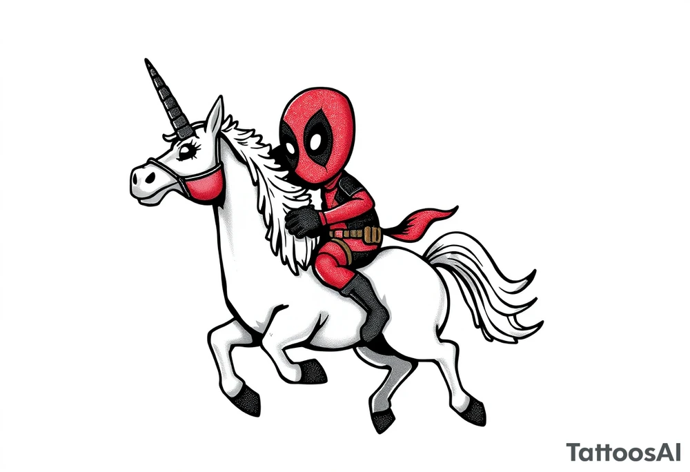 Silly glittery Deadpool riding unicorn  flipping off tattoo idea