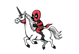 Silly glittery Deadpool riding unicorn  flipping off tattoo idea
