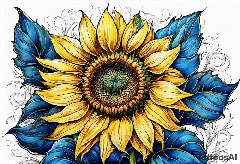 a yellow sunflower bloom with blue highlights tattoo idea
