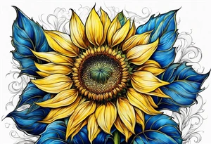 a yellow sunflower bloom with blue highlights tattoo idea