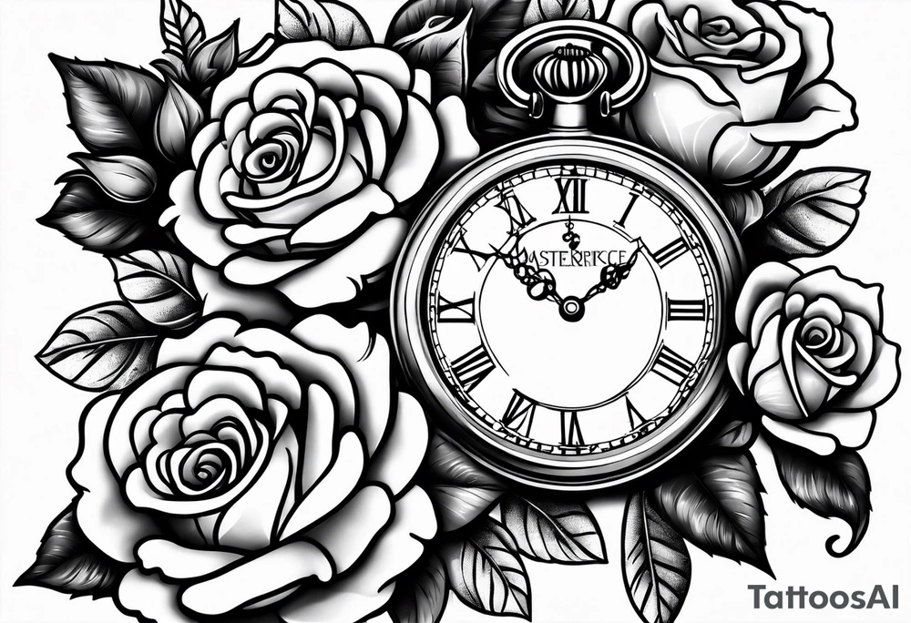 Pocket watch with chain and roses tattoo idea
