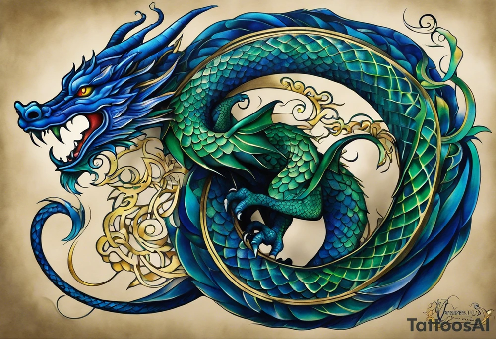 Surrealistic Tattoo: An epic with no wings, floating. Its long body coiling dynamically, with scales and horns detailed to create a sense of movement and strength. The dragon's main color is midnight blue but features little accents in green, blue, and gold, giving a vibrant depth and a mystical aura. This tattoo highlights the dragon’s fierce expression and sharp claws as it wraps protectively around the leg. Style: Surrealism tattoo idea
