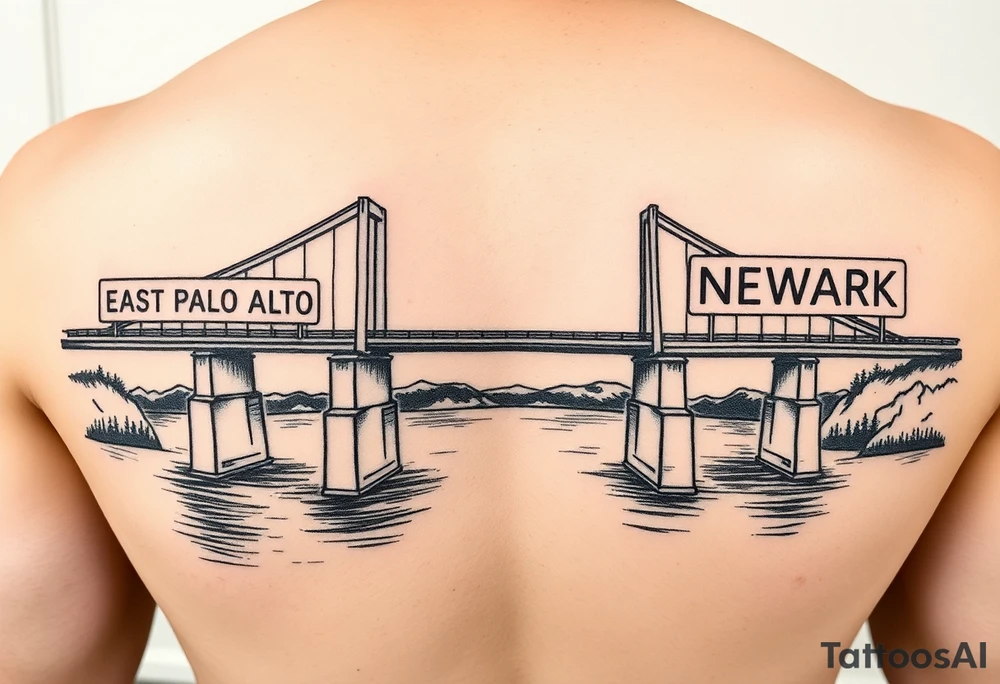 A bridge over water with two cities on the side. The city signs on the side of the bridge. East Palo Alto on the left and Newark on the right tattoo idea