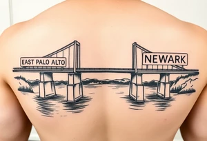 A bridge over water with two cities on the side. The city signs on the side of the bridge. East Palo Alto on the left and Newark on the right tattoo idea