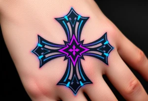 A sleek cyberpunk Maltese cross with neon blue and violet glowing outlines, giving it a futuristic aesthetic tattoo idea