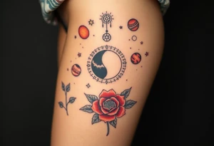 Milky way galaxy .. planets with zodiac symbols and protection runes with red roses and sunflowers tattoo idea