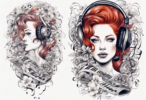 Redhead woman with Music score as her hair and a microphone tattoo idea
