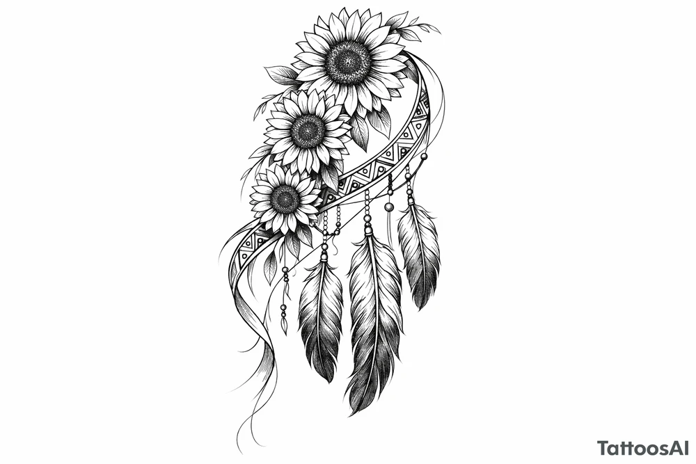 Cascading Sunflowers, Indian feathers and Indian ribbon tattoo idea
