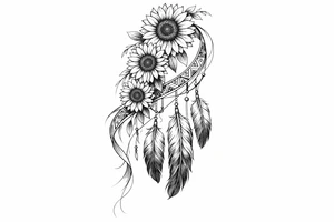 Cascading Sunflowers, Indian feathers and Indian ribbon tattoo idea