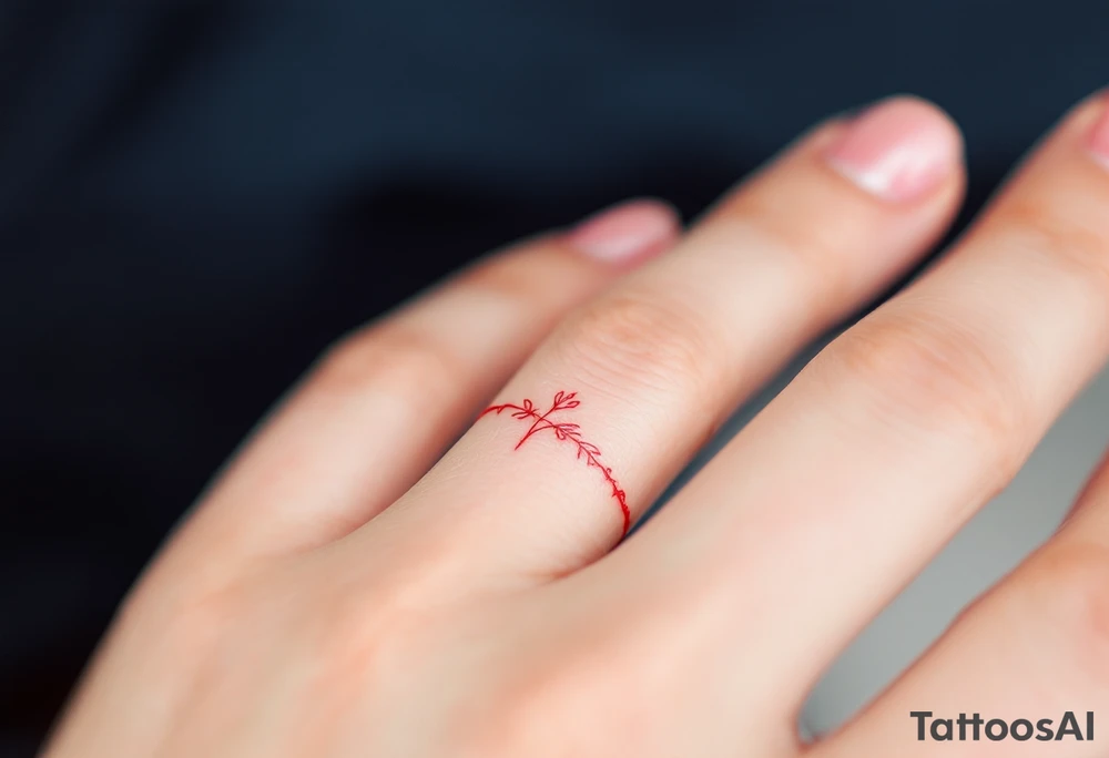 A tiny, delicate red finger band tattoo idea