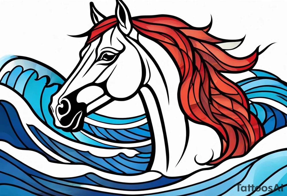 stained glass window with a red horse's head rising from the blue ocean waves tattoo idea