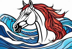 stained glass window with a red horse's head rising from the blue ocean waves tattoo idea