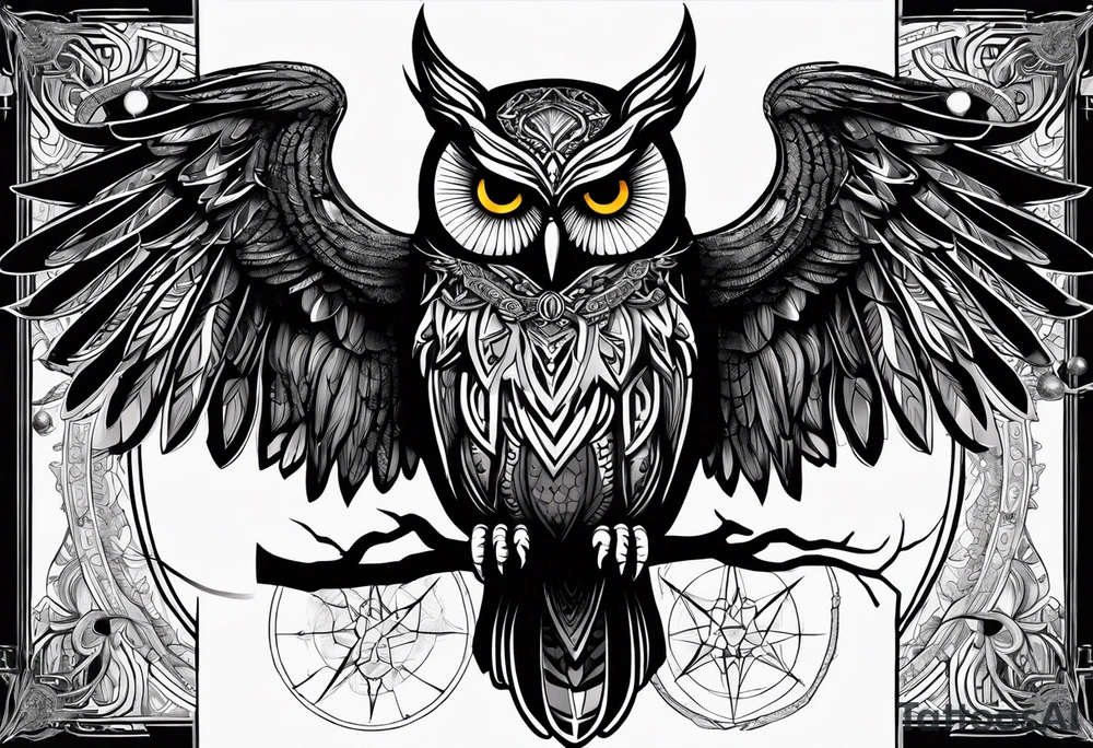 the demonic prince stolas of the ars goethia, who looks like an owl and is obssesed whit astronomy, magic, astrology and gems, with his sigil of invocation containing his name on the background tattoo idea