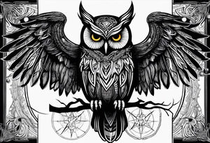 the demonic prince stolas of the ars goethia, who looks like an owl and is obssesed whit astronomy, magic, astrology and gems, with his sigil of invocation containing his name on the background tattoo idea