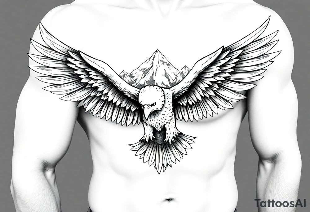 majestic eagle spreading wings against mountain peaks tattoo idea