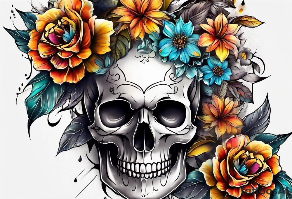 center Knee tattoo with realistic skull, various flowers, water and fall colors tattoo idea