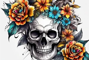 center Knee tattoo with realistic skull, various flowers, water and fall colors tattoo idea