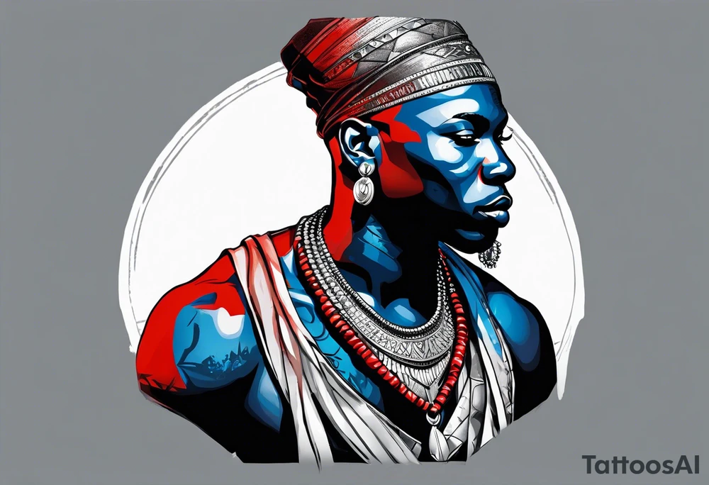 Black-skinned bald african warrior. He wears a simple and small silver crown. He uses blue and red necklaces tattoo idea