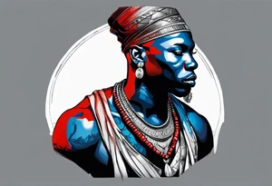 Black-skinned bald african warrior. He wears a simple and small silver crown. He uses blue and red necklaces tattoo idea