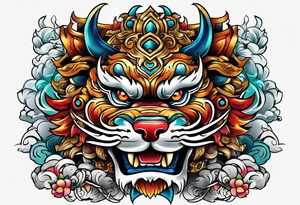 Two full body, Okinawa shisa facing inward tattoo idea