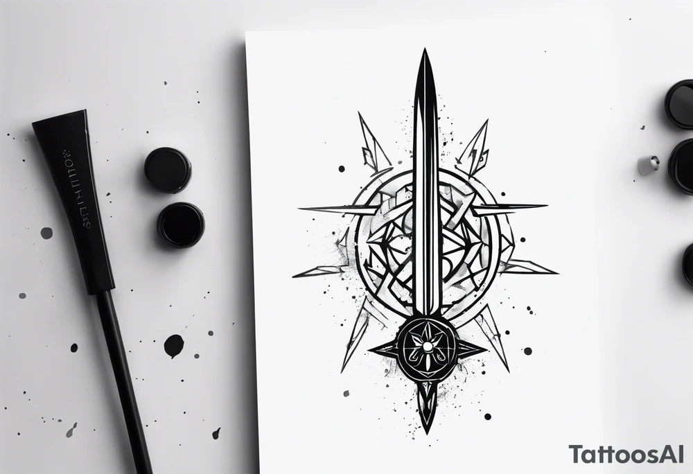 sword, occult, geometric, gothic, cyber sigilism, geometry, paint splotches, tattoo idea