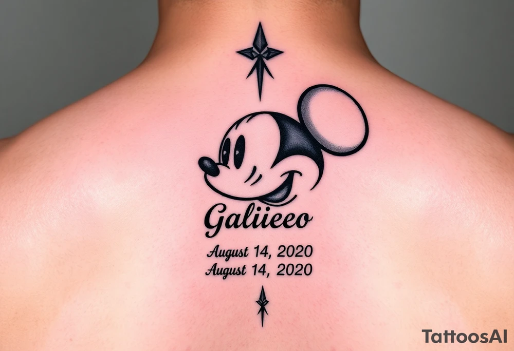 mickey mouse symbol with the name Galileo and the date August 14,2020, incorporated tattoo idea